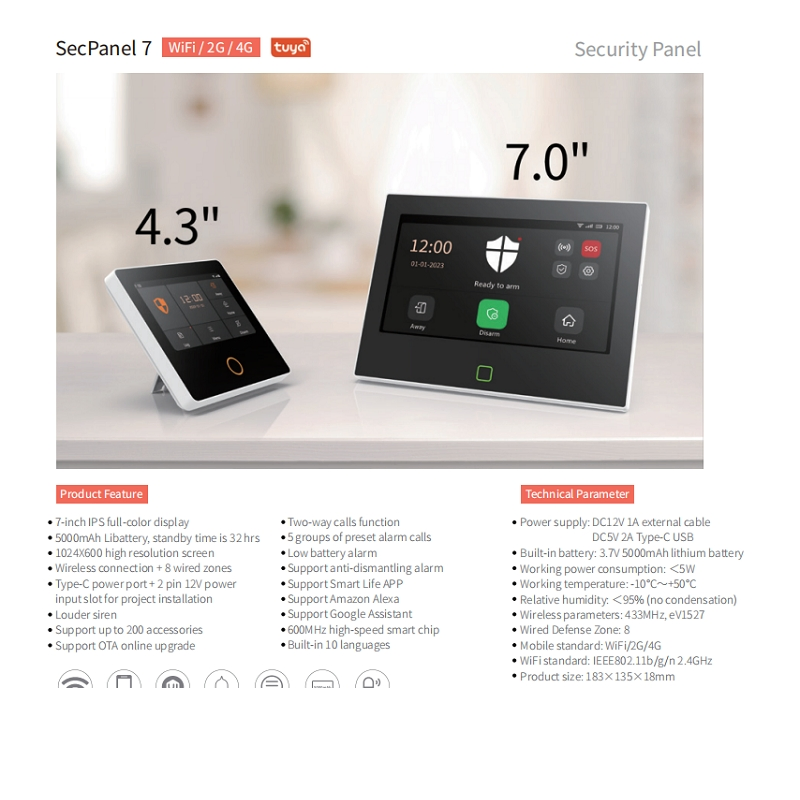 7" Touch Screen Tuya WiFi 4G Home Security Alarm System with Wired Wireless Smart Zones