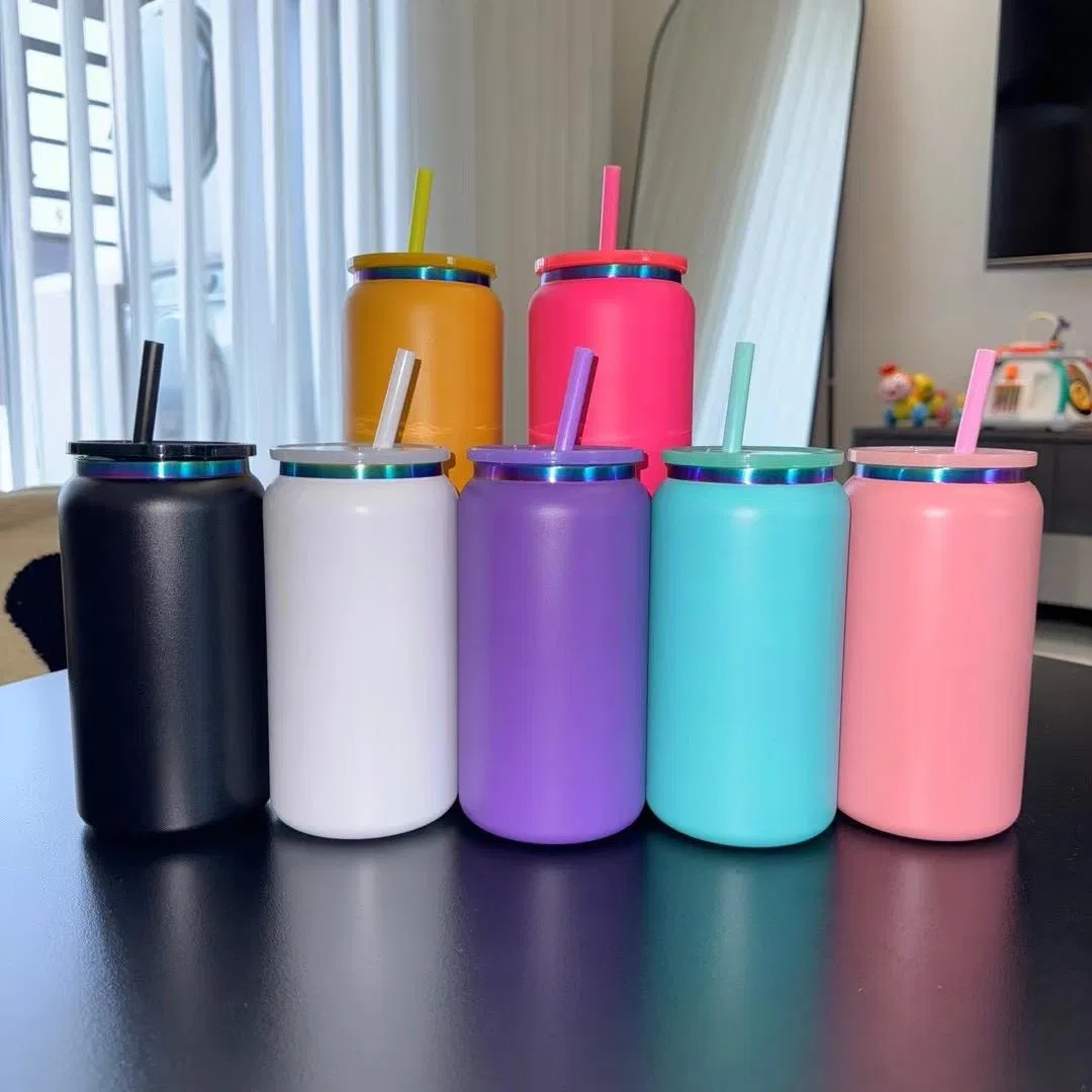 Rainbow Plated 16oz Stainless Steel Mug with Lid and Straw for Laser Engraving Powder Coated Tumbler Beer Can Shaped Drinkware