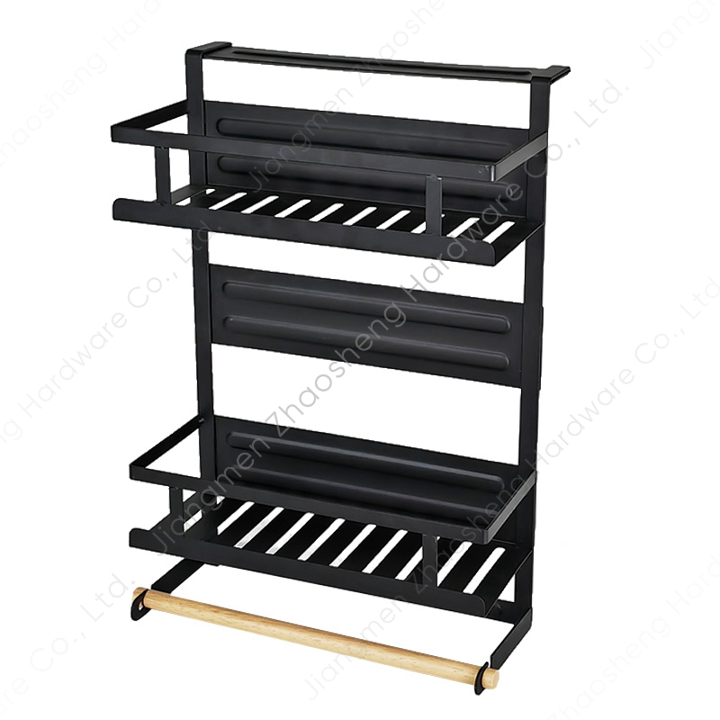 2 Tier Black Kitchen Refrigerator Storage Hanging Magnetic Spices Rack Fridge Organizer with Paper Towel Holder