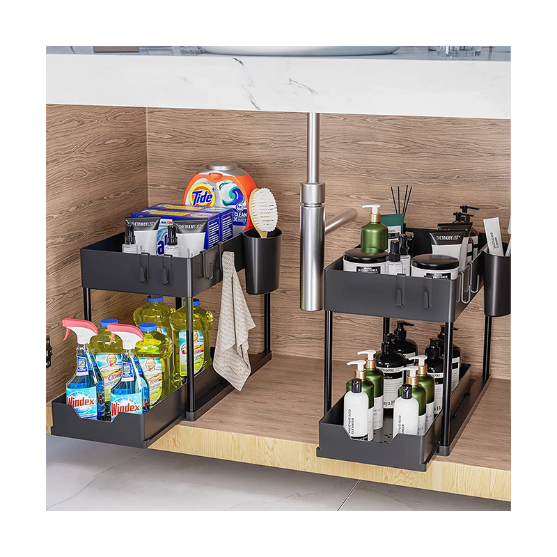 High Quality 2 Tier Sliding Bathroom Organizer Storage Shelf for Kitchen Under Sink Cabinet Organizer with Hooks Hanging Cup