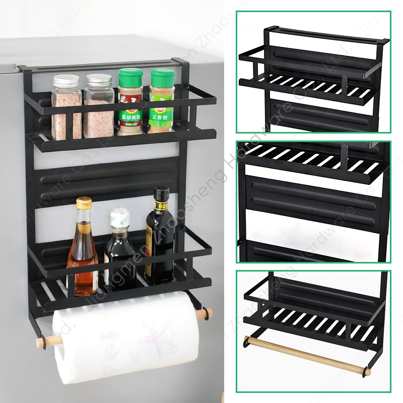 2 Tier Black Kitchen Refrigerator Storage Hanging Magnetic Spices Rack Fridge Organizer with Paper Towel Holder