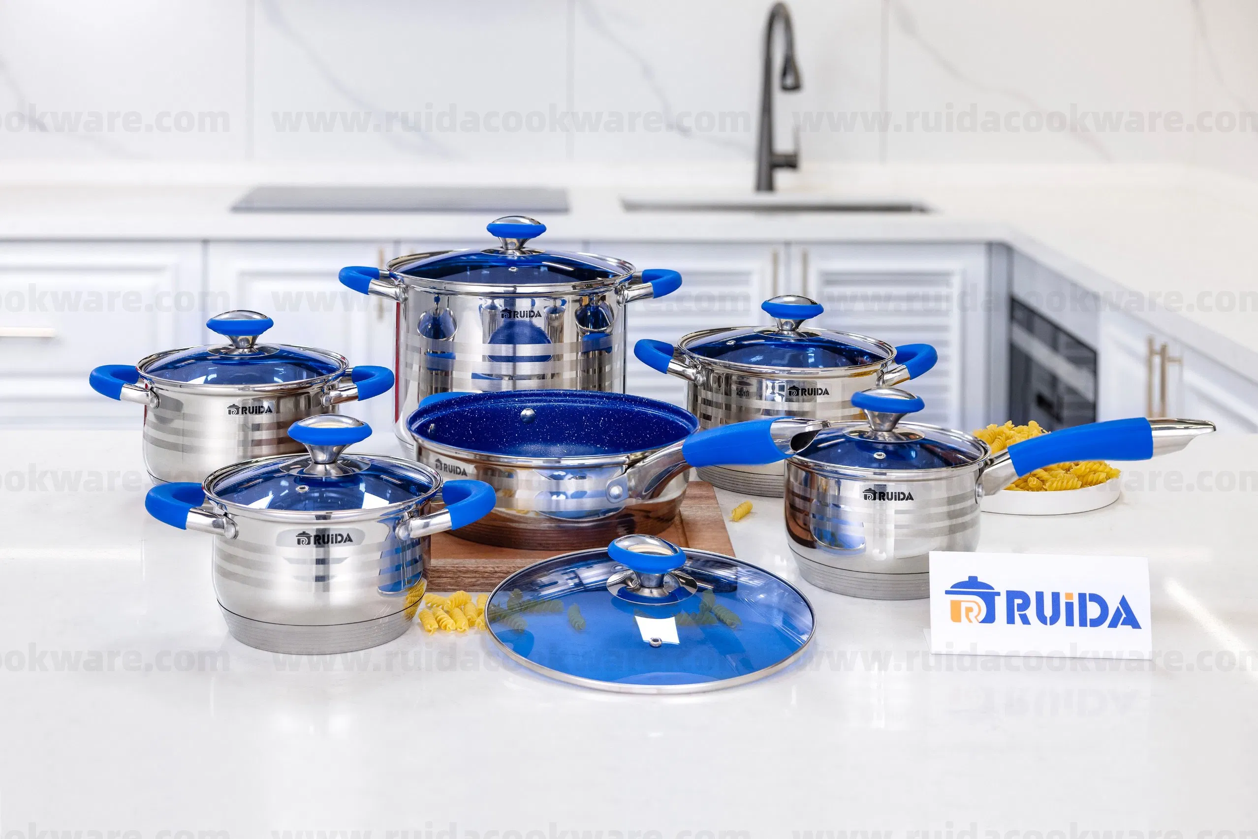 Customized Kitchen Appliance Blue Silicone 6/8/10/12PCS Stainless Steel Kitchenware Set Cookware