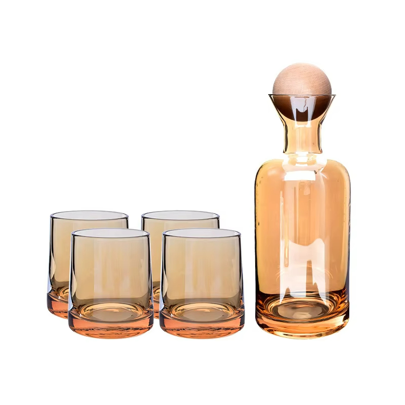 5 Piece MID Century Style Amber Drinking Glasses Vintage Old Fashion Glass Tumbler Drinkware Water Carafe with Lid