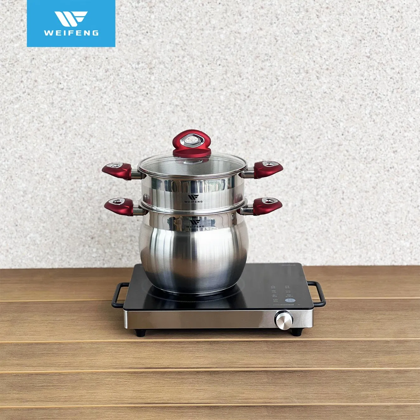 Big Belly Shape Couscous Pot Stainless Steel Cookware with Red Handle