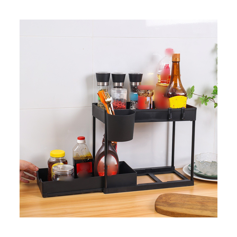 High Quality 2 Tier Sliding Bathroom Organizer Storage Shelf for Kitchen Under Sink Cabinet Organizer with Hooks Hanging Cup