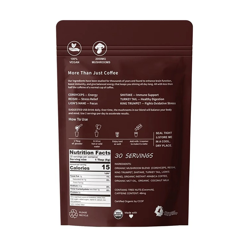 Private Label 8 in 1 Mushroom Coffee Powder Organic Food Supplements Mushroom Extract Coffee Blend for Immune Energy