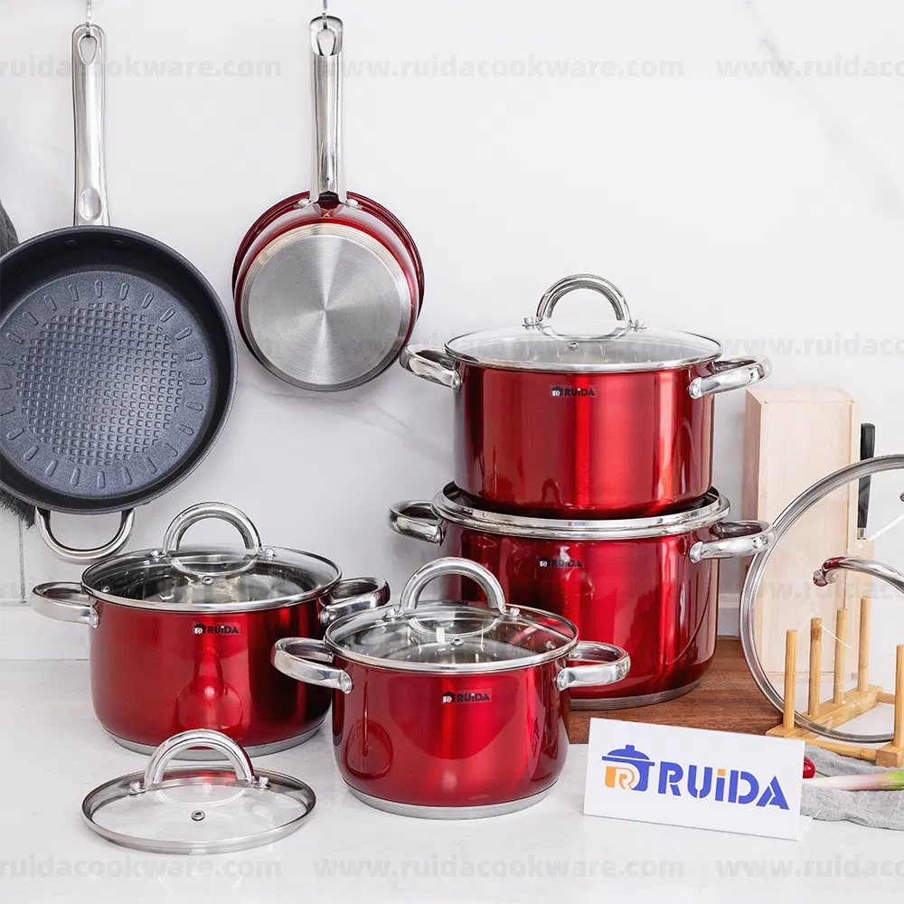 8/10/12PCS Piece Cooking Pots and Pans Red Painting Kitchenware Stainless Steel Cookware