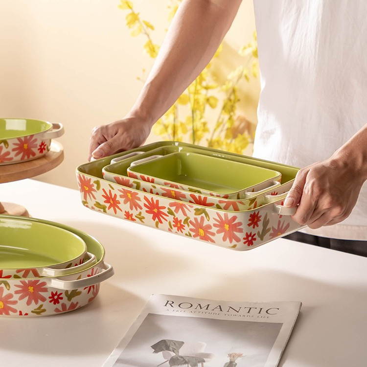 3 - Piece Household Ceramic Baking Tray Set, Rectangular &amp; Oval Bakeware for Microwave Oven, Non - Stick Tableware for Baking Roasting Serving, Perfect for Home