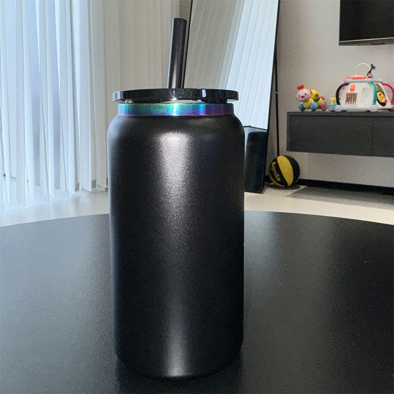 Rainbow Plated 16oz Stainless Steel Mug with Lid and Straw for Laser Engraving Powder Coated Tumbler Beer Can Shaped Drinkware
