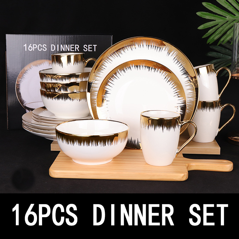 16-Piece Gold Rim Dinner Set Porcelwianware Ceramic Tableware