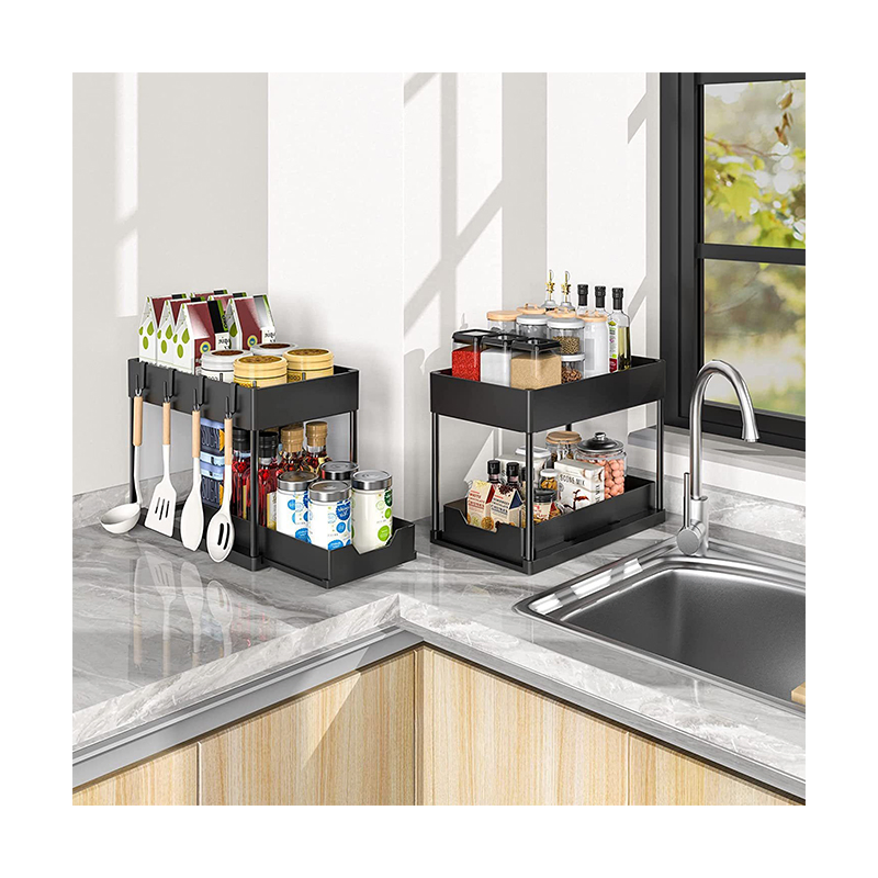 High Quality 2 Tier Sliding Bathroom Organizer Storage Shelf for Kitchen Under Sink Cabinet Organizer with Hooks Hanging Cup