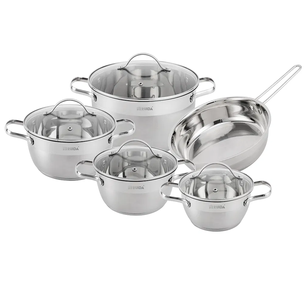 9PCS G Shape Glass Lid Wire Handle Stainless Steel Cookware Set