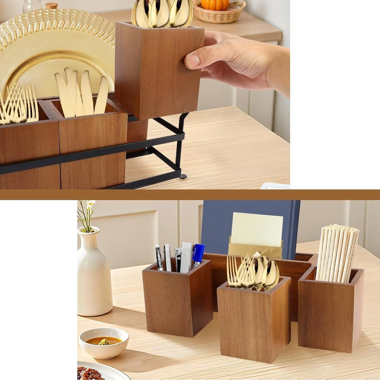 Wholesale Price OEM Manufacturer Personalized Customed Wooden Cutlery Organizer Box Compartment Utensil Storage Box Portable Kitchen Organizer