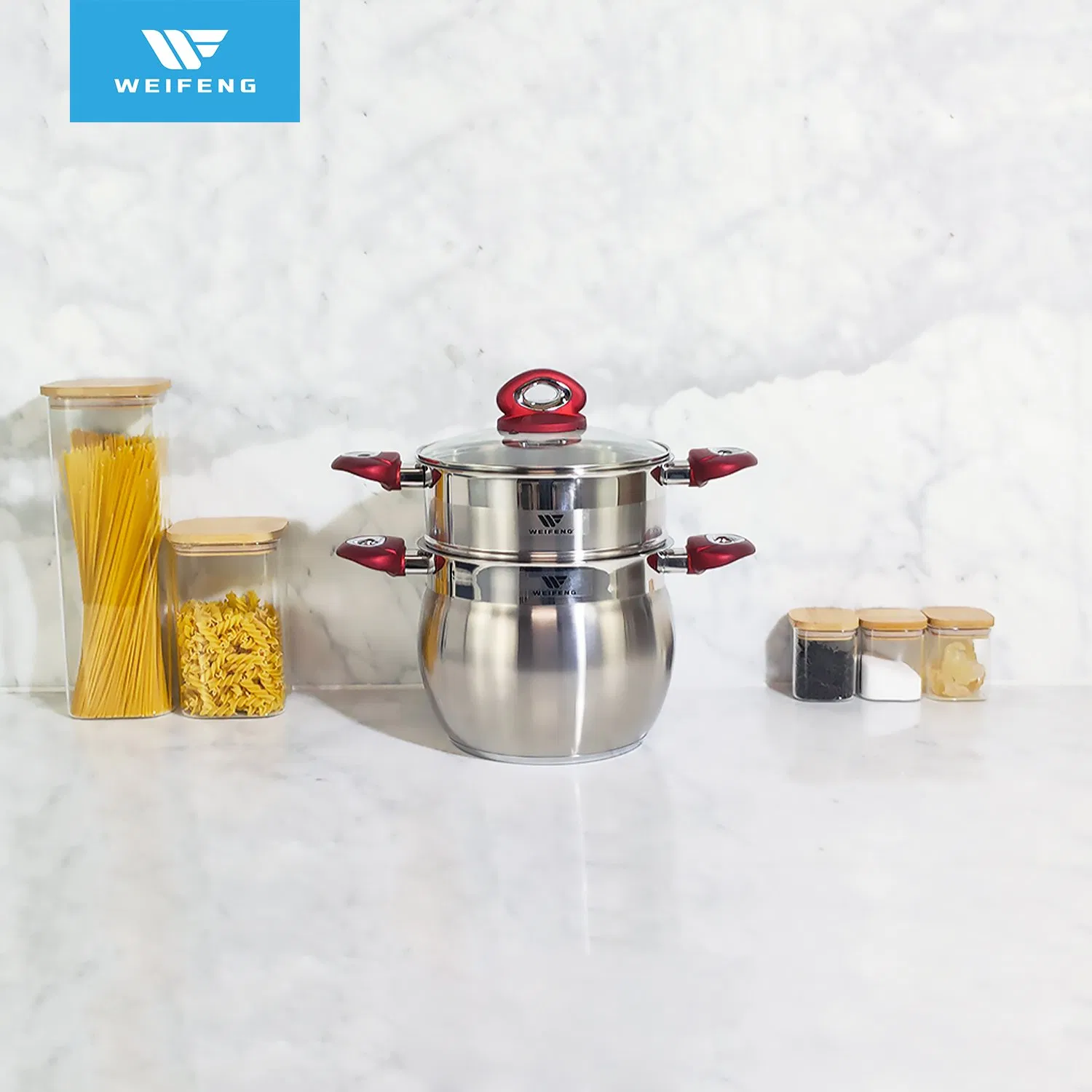 Big Belly Shape Couscous Pot Stainless Steel Cookware with Red Handle