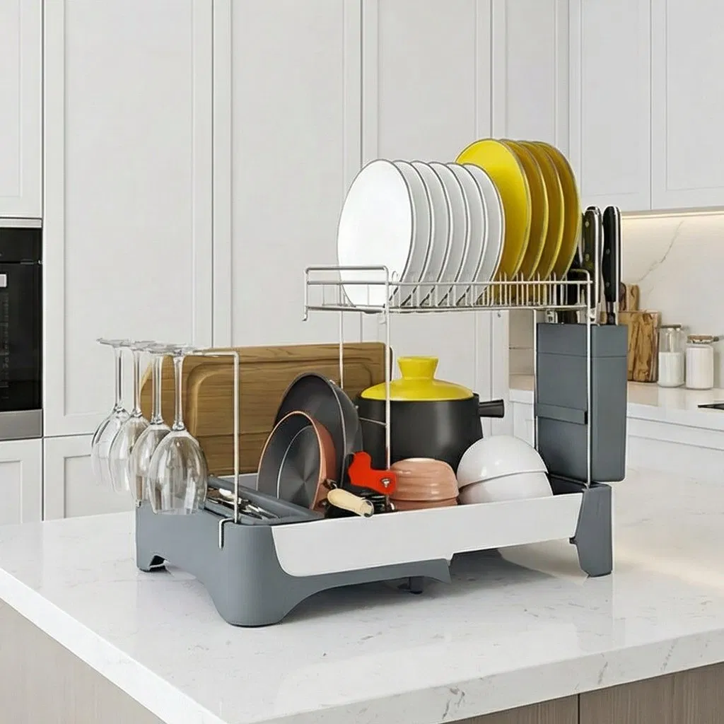 Versatile 2 Tier Dish Drying Rack and Utensil Organizer for Kitchens