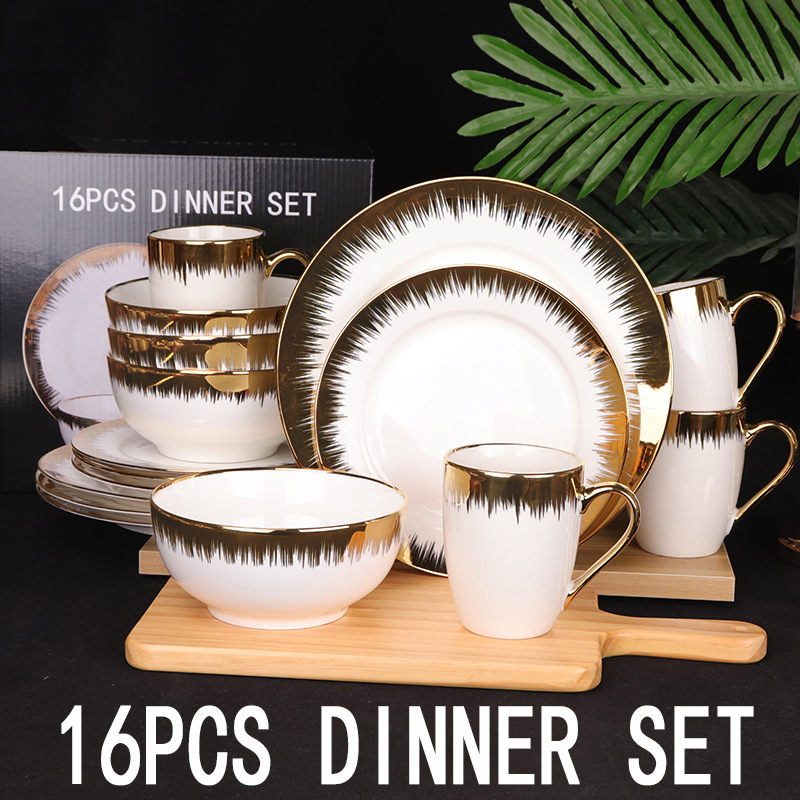 16-Piece Gold Rim Dinner Set Porcelwianware Ceramic Tableware