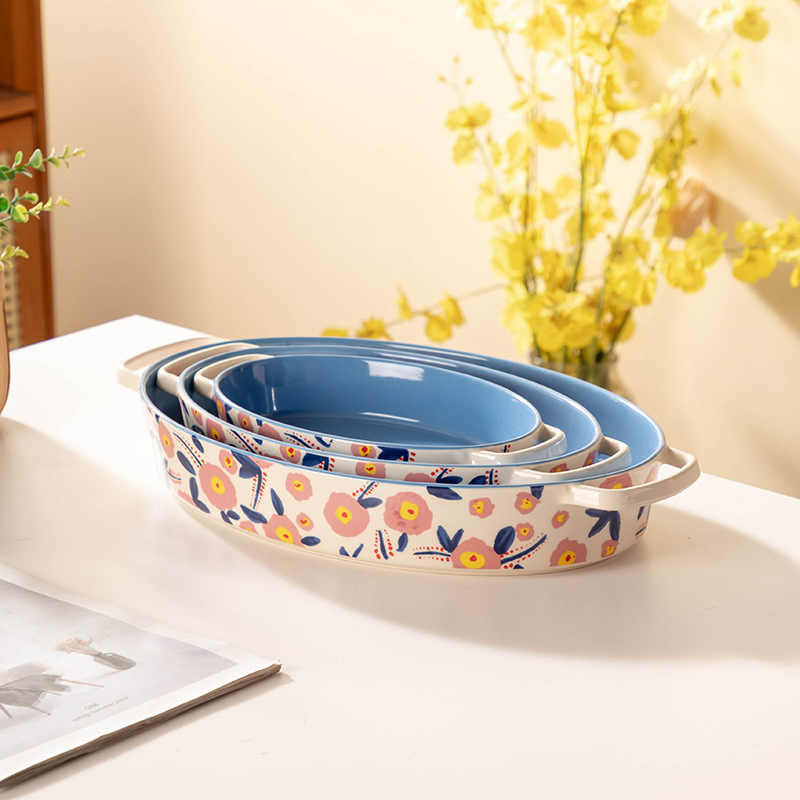 3 - Piece Household Ceramic Baking Tray Set, Rectangular &amp; Oval Bakeware for Microwave Oven, Non - Stick Tableware for Baking Roasting Serving, Perfect for Home