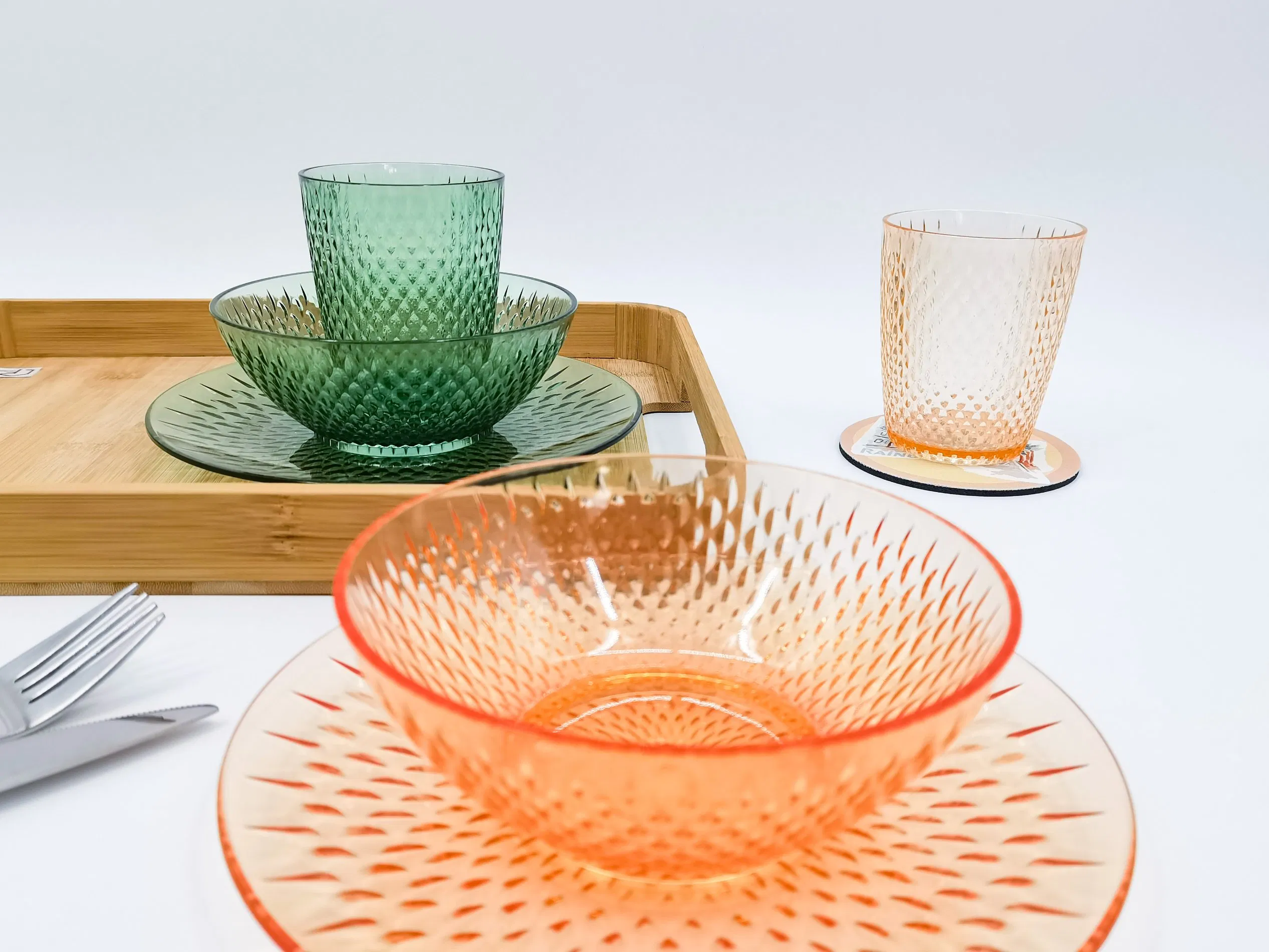 Elegant Green Ribbed Glass Serving Bowl and Tumbler Set Tableware