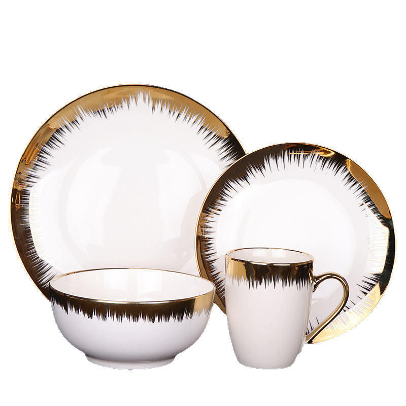 16-Piece Gold Rim Dinner Set Porcelwianware Ceramic Tableware