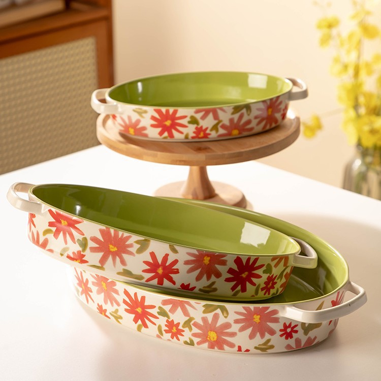 3 - Piece Household Ceramic Baking Tray Set, Rectangular &amp; Oval Bakeware for Microwave Oven, Non - Stick Tableware for Baking Roasting Serving, Perfect for Home