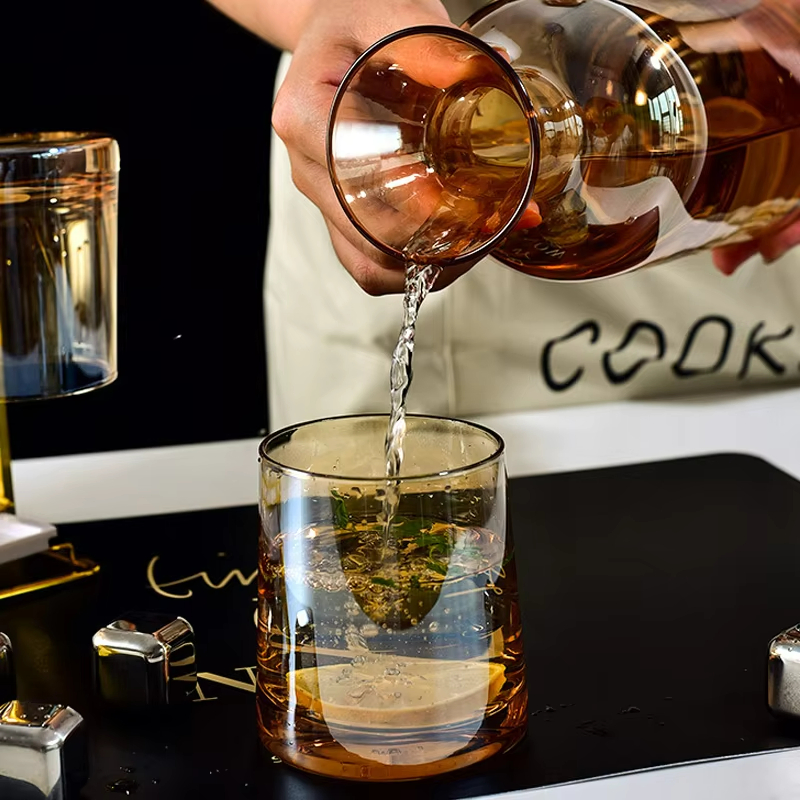 5 Piece MID Century Style Amber Drinking Glasses Vintage Old Fashion Glass Tumbler Drinkware Water Carafe with Lid