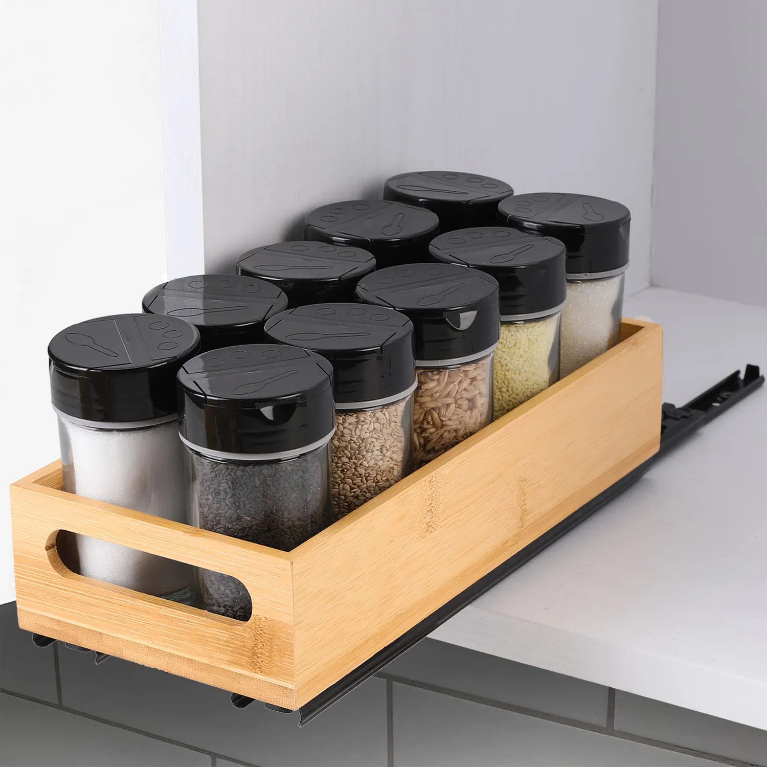 Pull out Spice Rack Organizer for Cabinet, Bamboo Slide out Pantry Shelves and Spice Organizer for Cabinet Wooden Kitchen Spice Storage