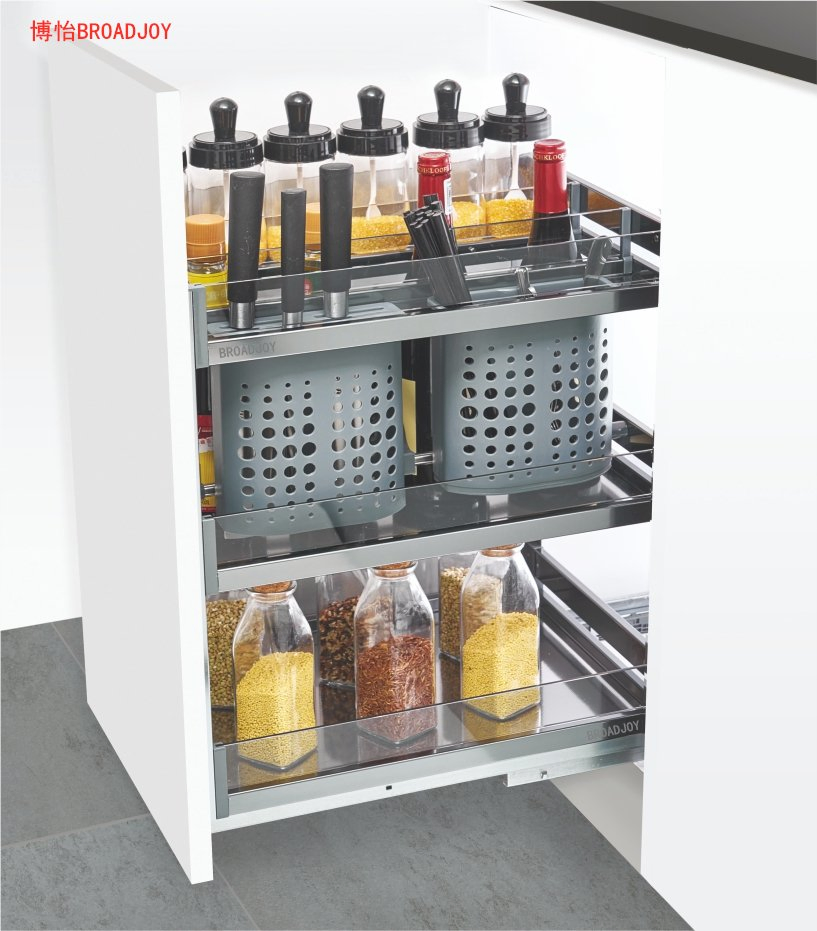 Kitchen Hardware Aluminium and Glass Base Unit Storage Pull-out Basket Organizing Storage Basket Sauces Seasoning Storage Holder Kitchen Cabinet Organizer