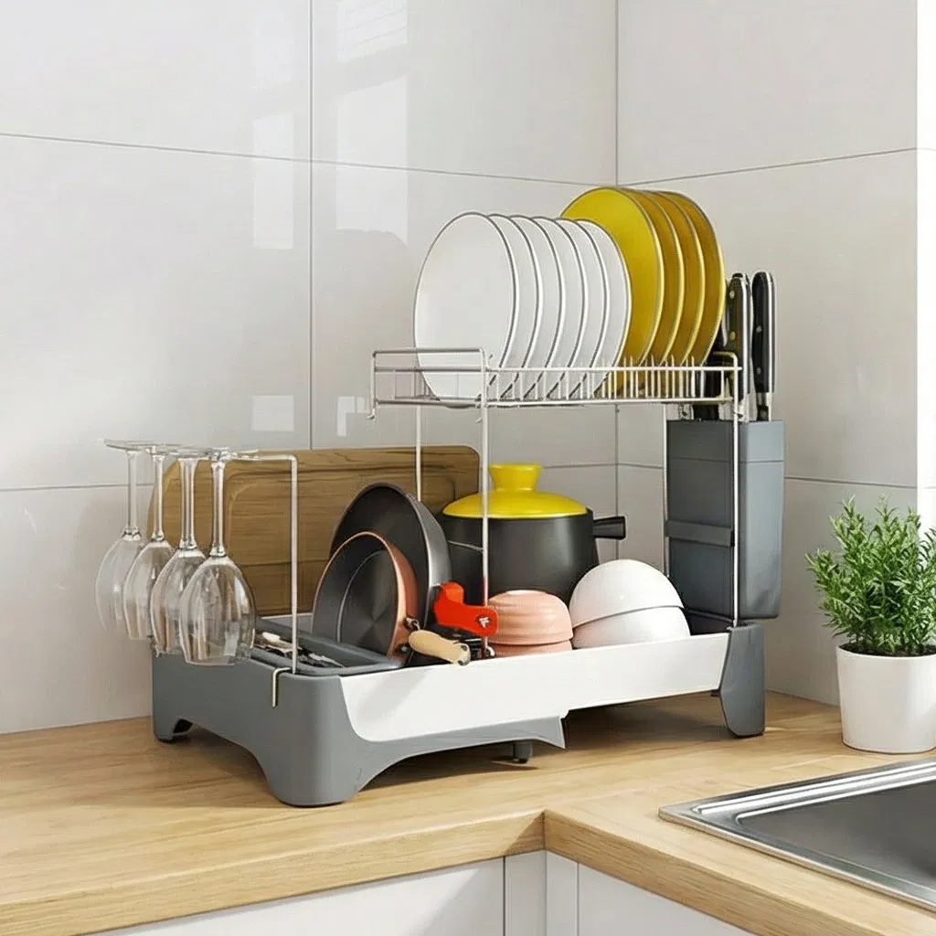 Versatile 2 Tier Dish Drying Rack and Utensil Organizer for Kitchens
