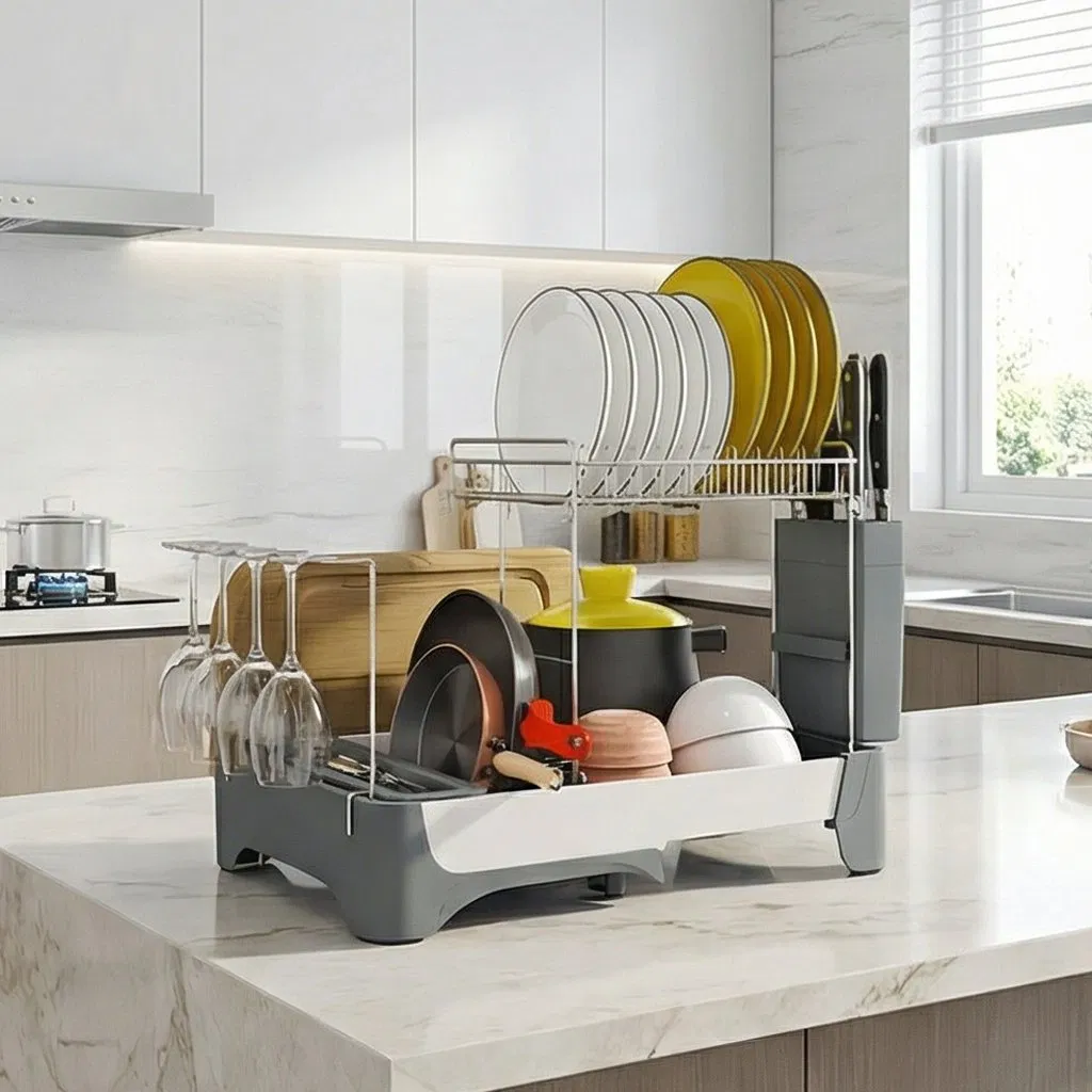 Versatile 2 Tier Dish Drying Rack and Utensil Organizer for Kitchens