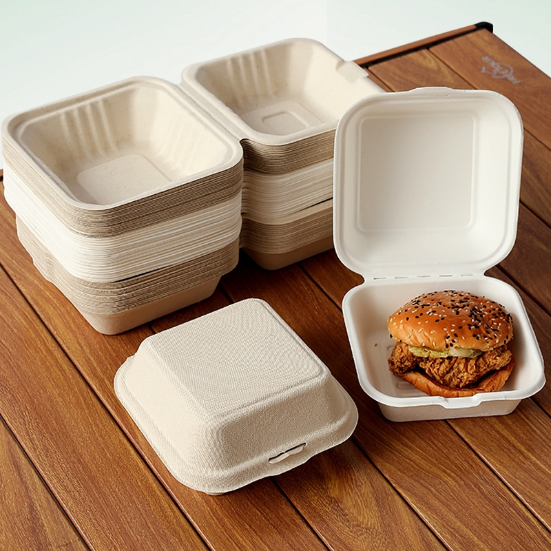 Hot Sale Biodegradable Sugarcane Bagasse Clamshell Take Away Disposable Food Container Tableware