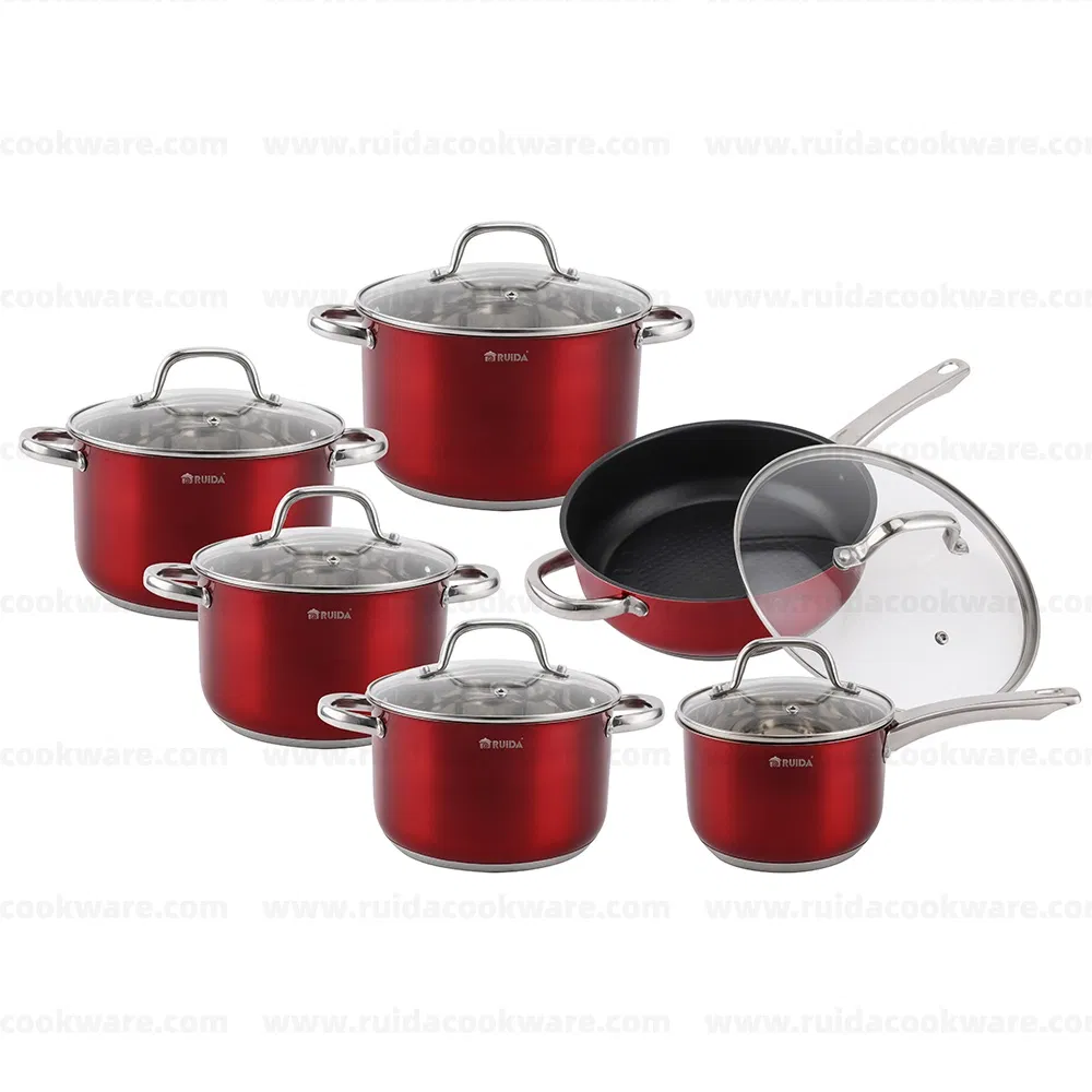 8/10/12PCS Piece Cooking Pots and Pans Red Painting Kitchenware Stainless Steel Cookware