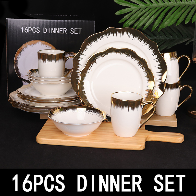 16-Piece Gold Rim Dinner Set Porcelwianware Ceramic Tableware