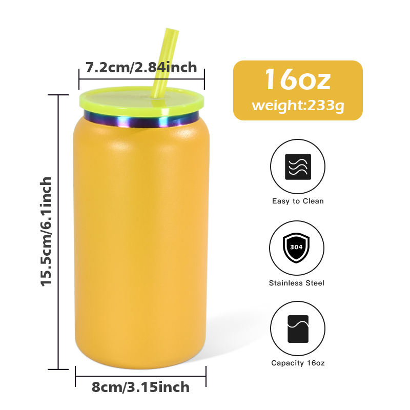Rainbow Plated 16oz Stainless Steel Mug with Lid and Straw for Laser Engraving Powder Coated Tumbler Beer Can Shaped Drinkware