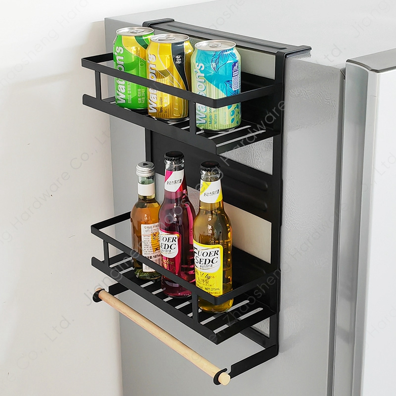 2 Tier Black Kitchen Refrigerator Storage Hanging Magnetic Spices Rack Fridge Organizer with Paper Towel Holder