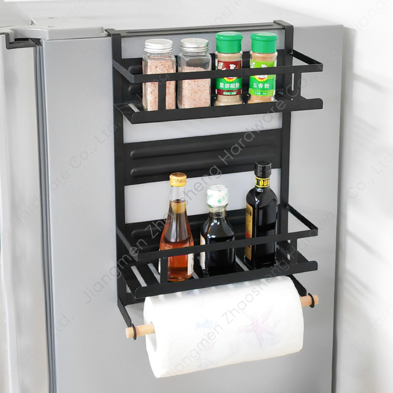 2 Tier Black Kitchen Refrigerator Storage Hanging Magnetic Spices Rack Fridge Organizer with Paper Towel Holder