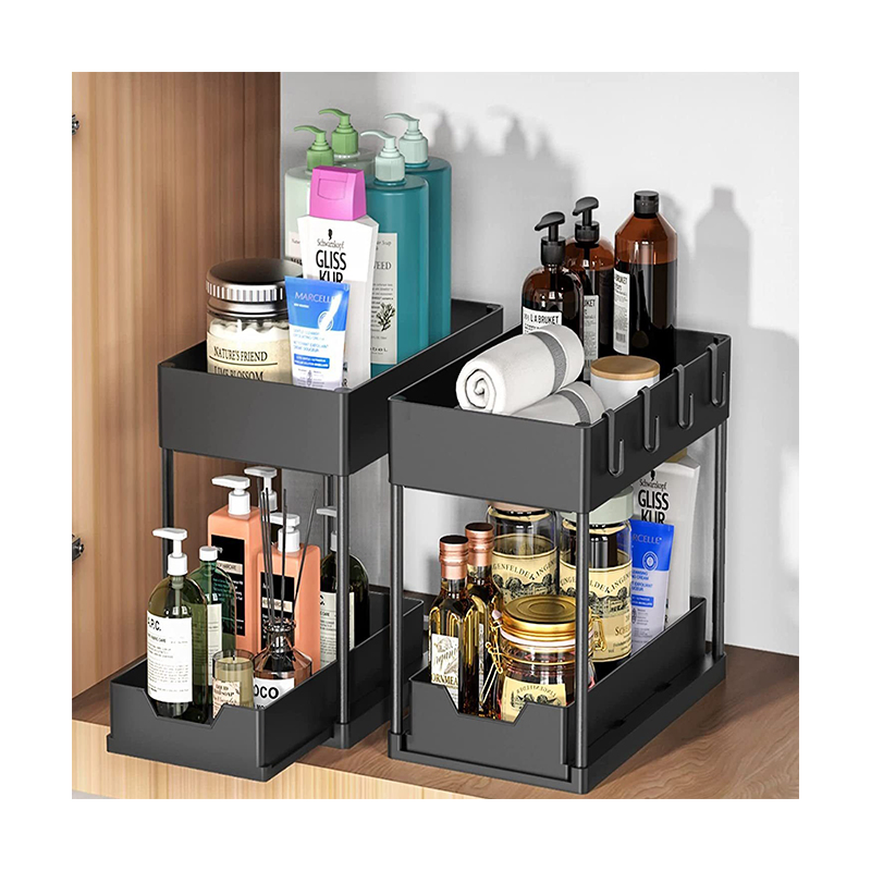 High Quality 2 Tier Sliding Bathroom Organizer Storage Shelf for Kitchen Under Sink Cabinet Organizer with Hooks Hanging Cup