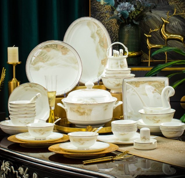 12/16/18 PCS Porcelain Tableware Printing Design Ceramic Dinner Plate Bowl Dinnerware Sets Suitable for 4/6 People