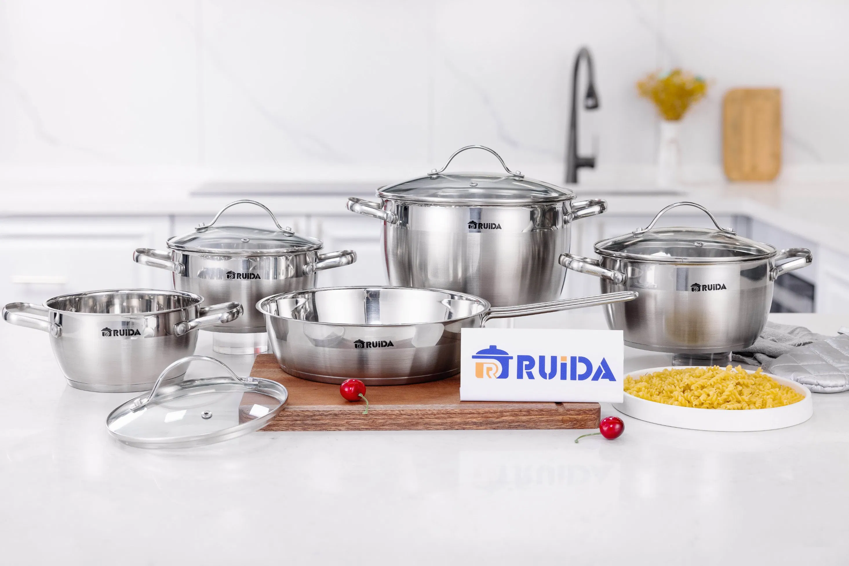 9PCS G Shape Glass Lid Wire Handle Stainless Steel Cookware Set