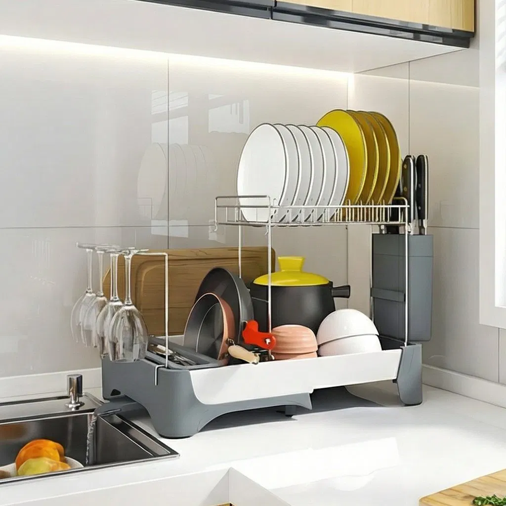 Versatile 2 Tier Dish Drying Rack and Utensil Organizer for Kitchens