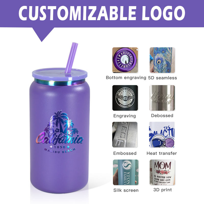 Rainbow Plated 16oz Stainless Steel Mug with Lid and Straw for Laser Engraving Powder Coated Tumbler Beer Can Shaped Drinkware