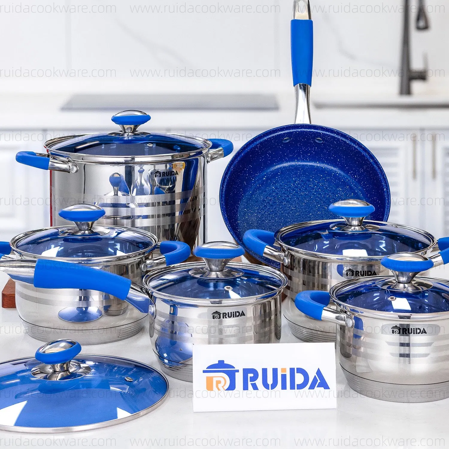 Customized Kitchen Appliance Blue Silicone 6/8/10/12PCS Stainless Steel Kitchenware Set Cookware