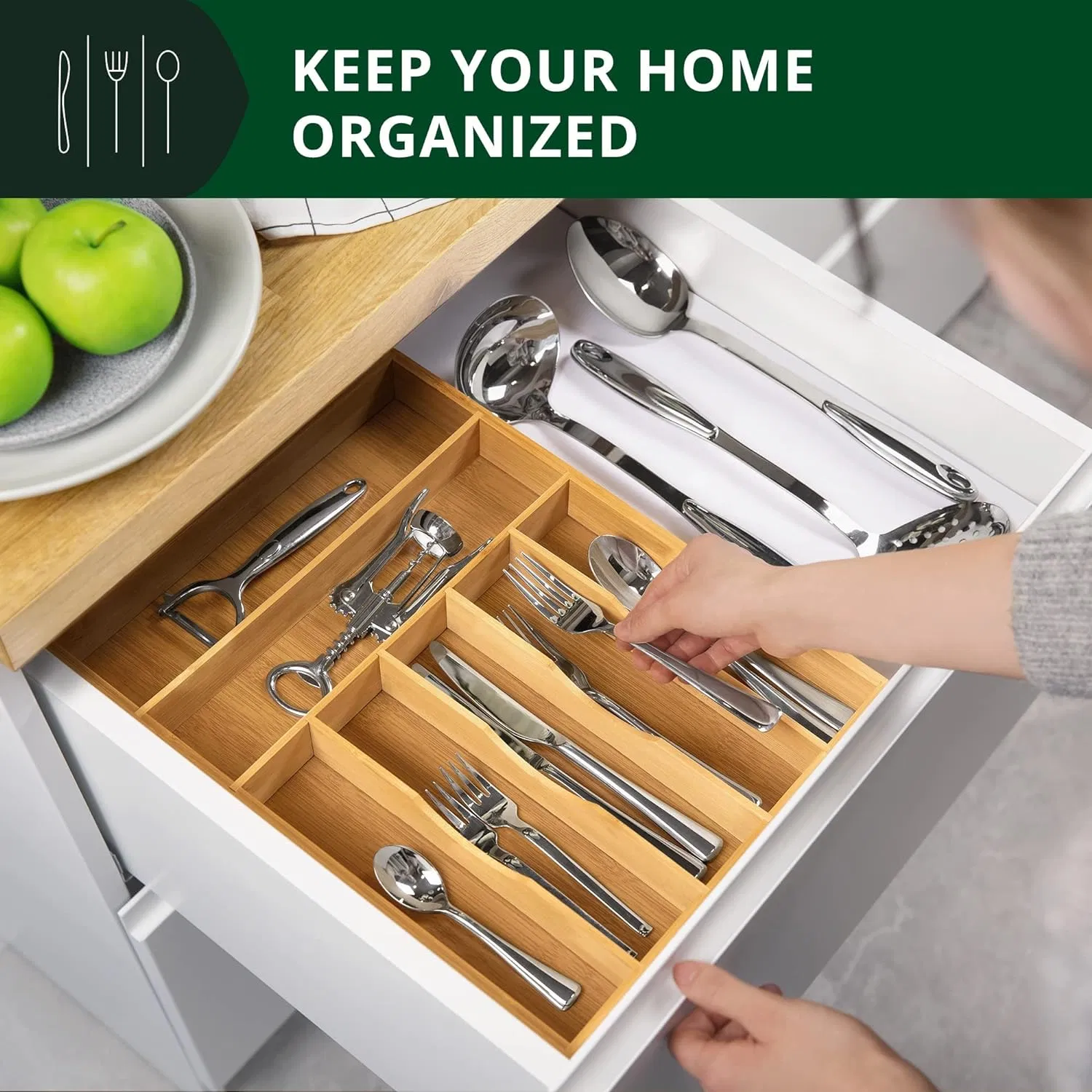 Luxury Bamboo Kitchen Drawer Organizer - Silverware Organizer - Utensil Holder and Cutlery Tray
