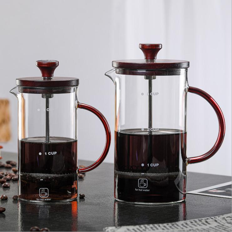 Large Capacity Tea Coffee Maker Stainless Steel Drinkware Maker French Press Glass Wooden Lid