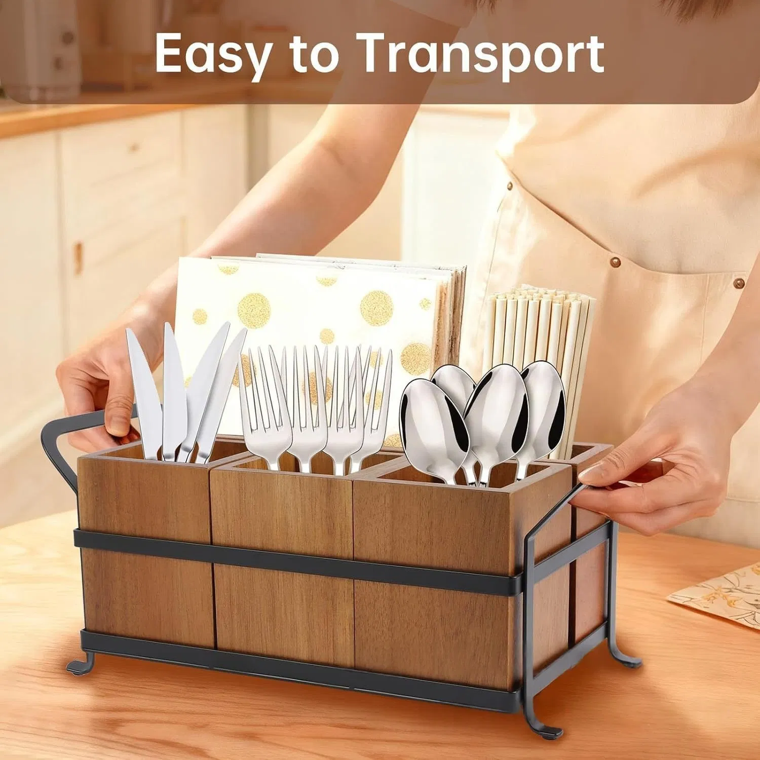 Wholesale Price OEM Manufacturer Personalized Customed Wooden Cutlery Organizer Box Compartment Utensil Storage Box Portable Kitchen Organizer