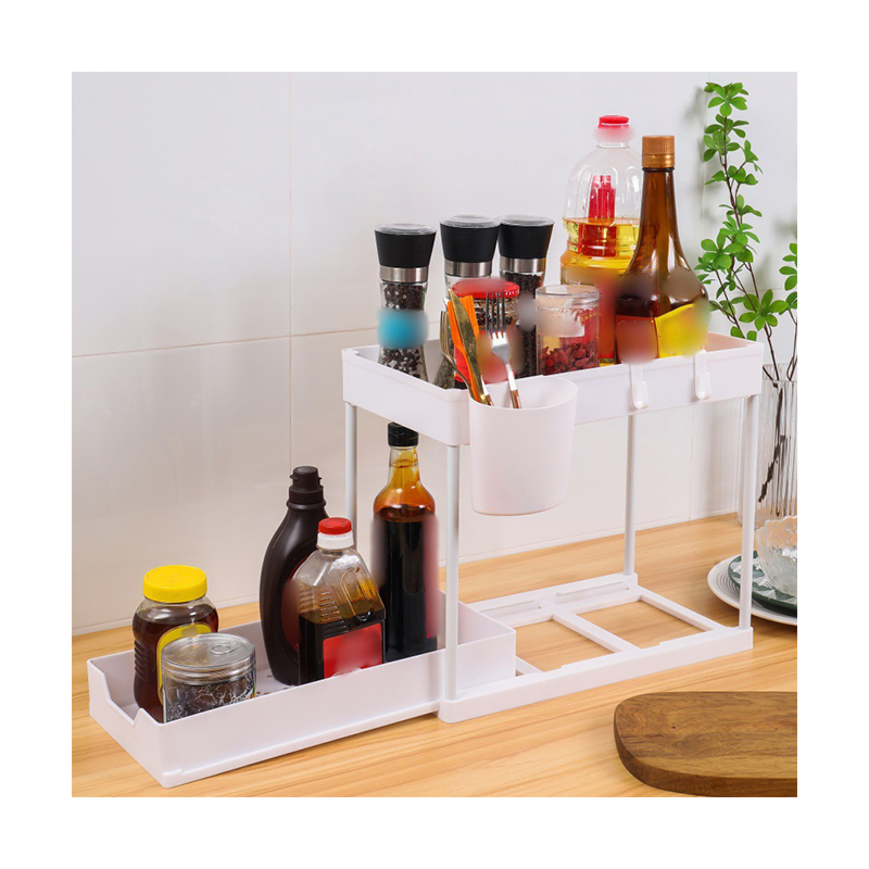 High Quality 2 Tier Sliding Bathroom Organizer Storage Shelf for Kitchen Under Sink Cabinet Organizer with Hooks Hanging Cup