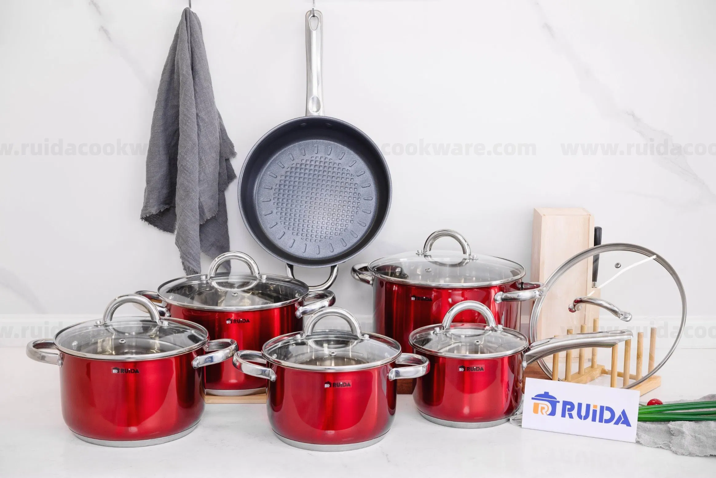 8/10/12PCS Piece Cooking Pots and Pans Red Painting Kitchenware Stainless Steel Cookware