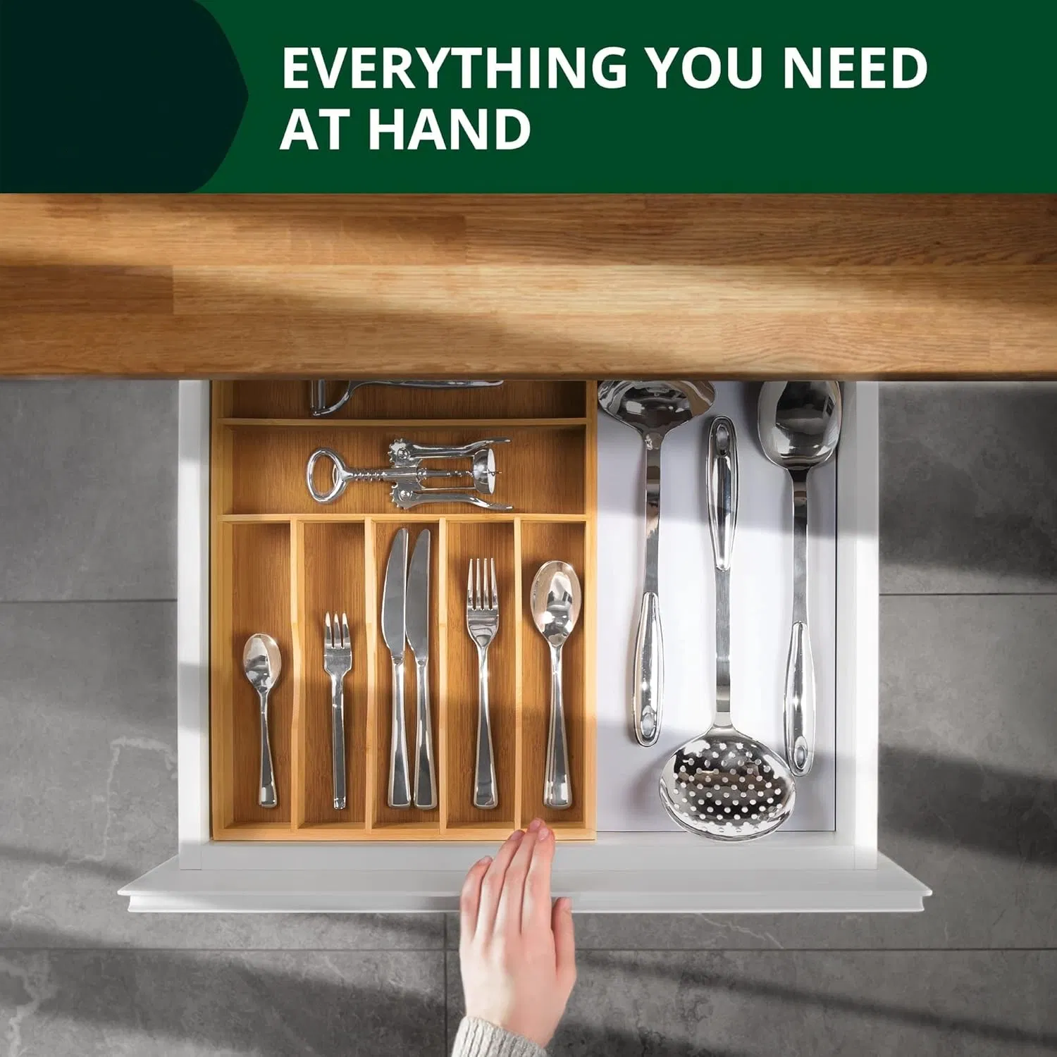 Luxury Bamboo Kitchen Drawer Organizer - Silverware Organizer - Utensil Holder and Cutlery Tray