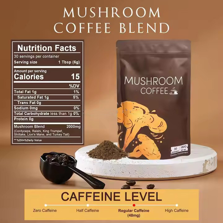 OEM/ODM Packaging 6 in 1 Mushroom Blend Powder Instant Organic Mushroom Coffee