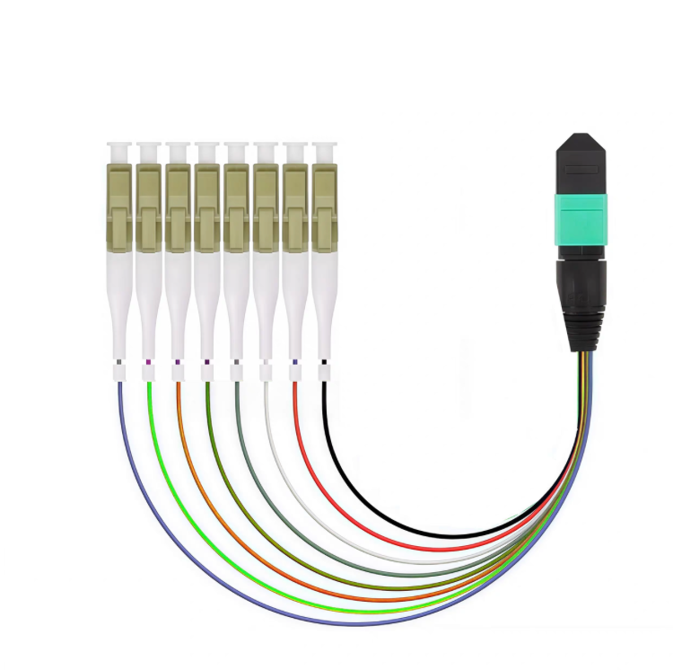 ODM OM3-150 OM3-300 8cores MTP to LC / MPO to LC fanout fiber optic patch cord Manufacturer, Products