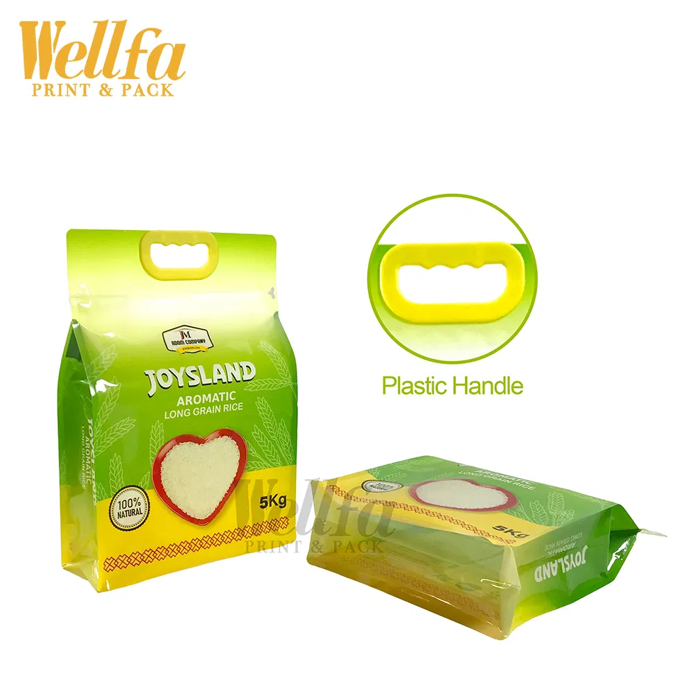 تخصيص تعبئة غذائية من النايلون كيس دقيق قاع مسطح بلاستيكي 1kg 2kg 3kg 5kg كيس تعبئة مقبض فراغ كيس أرز